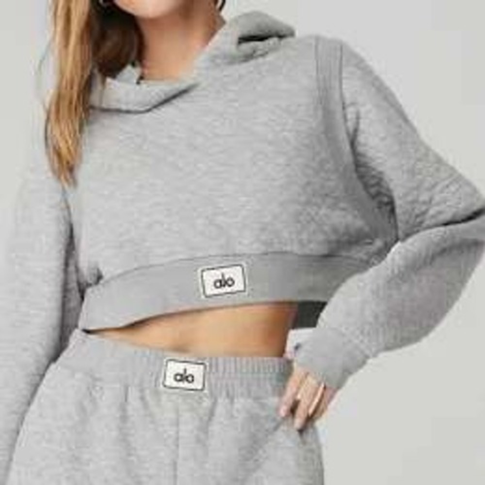 Alo Yoga Hoodie Womens Large Grey Quilted Arena Cropped Pullover Sweatshirt